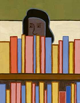 Bookstore, 2023, egg tempera on paper, 9 x 7 inches