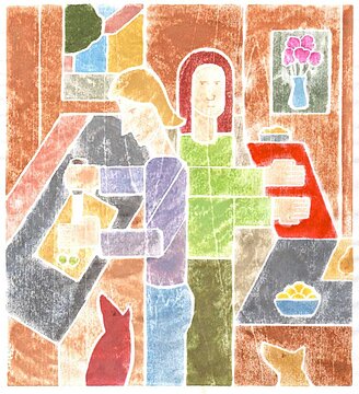 Dinner Prep, 2023, white-line woodcut, 8 1⁄2 x 7 3⁄4 inches